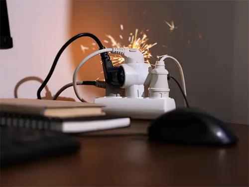 Electrical hazard caused by circuit overload with sparks coming from an overused power strip.
