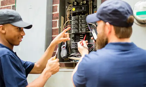 Two electricians inspecting and testing an electrical panel to ensure safe and efficient operation.