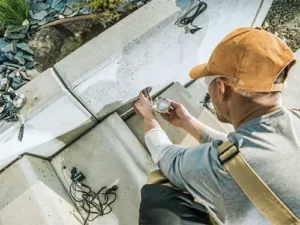 Electrician Tech installing recessed outdoor landscape lighting into concrete stairs for enhanced safety and aesthetics.