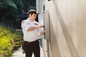 Pete, a Mister Sparky electrician in Tampa, performing an electrical panel inspection outside a home.